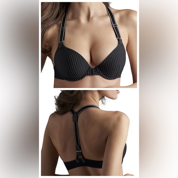 MARLIES DEKKERS Gloria Suspender Pinstripe Padded Push Up Halter Bra 34B NWOT! - Picture 1 of 14